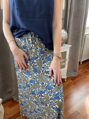 Jupe longue lastiquée taille imprimée bleue et kaki