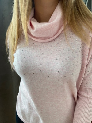Pull col boule rose avec strass Marble