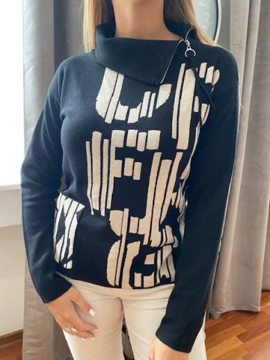 Pull noir et beige col zippé Lebek