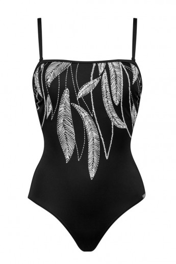 Maillot de bain bretelles amovibles noir imprimé plume blanche Charmline