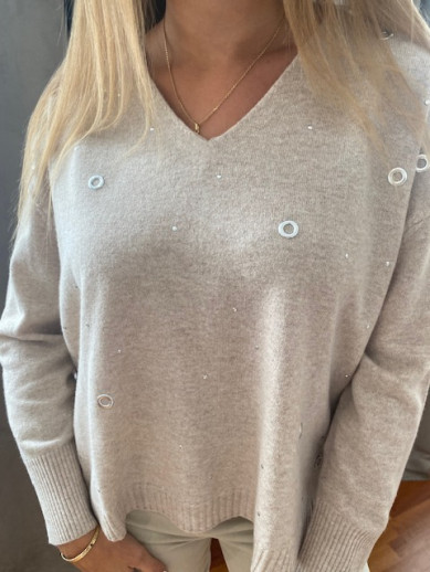 Pull col V beige détails oeillet Maud et sasha