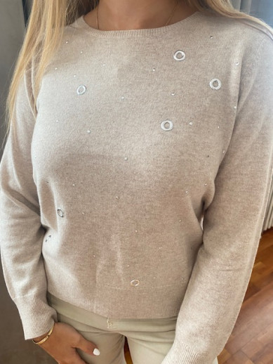 Pull beige col rond détails oeillets  Maud et sacha