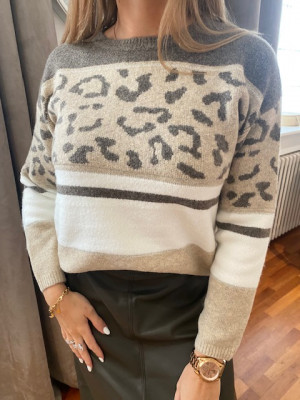 Pull chaud motif placé léopard taupe écru et beige Tuzzi