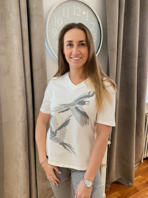 T.shirt blanc col V impression oiseaux strassés Lebek