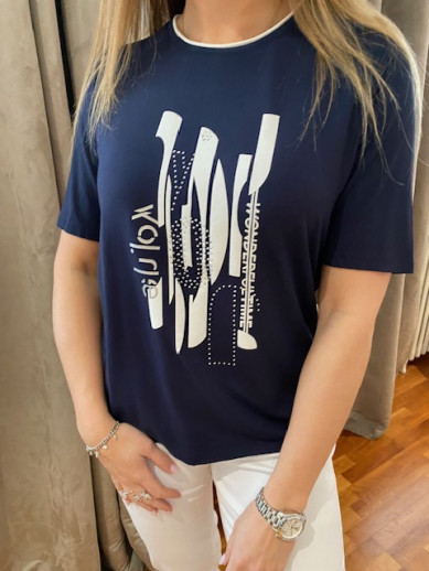 T.shirt marine motif placé blanc Lebek