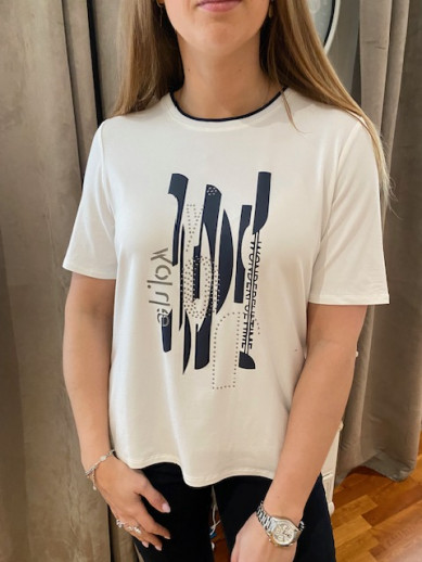 T.shirt blanc motifs placés marine Lebek