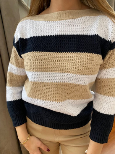 Pull rayé marine beige blanc Micha