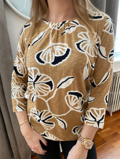 T.shirt manches 3/4 camel impression écru et noir Rabe