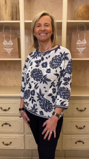 Pull blanc ajouré imprimé marine Barbara Lebek