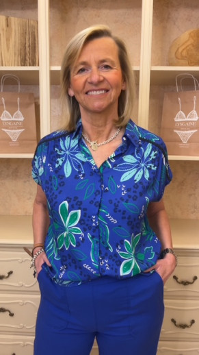 Tunique col chemisier imprimée indigo et vert Ethymologie