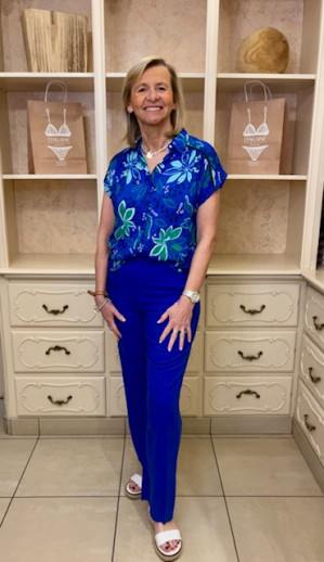 Tunique col chemisier imprimée indigo et vert Ethymologie