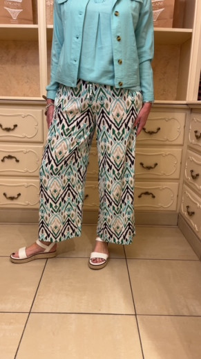 Pantalon élastiqué taille imprimé vert et turquoise Ethymologie