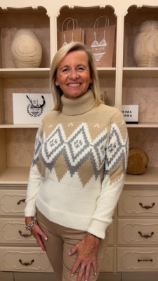 Pull col roulé camel écru et gris
