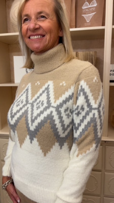 Pull col roulé camel écru et gris