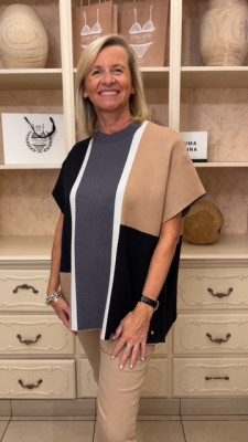 pull poncho camel noir et gris