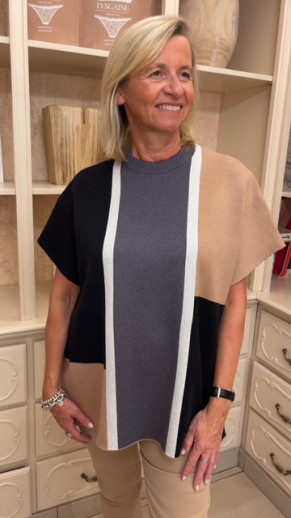 pull poncho camel noir et gris