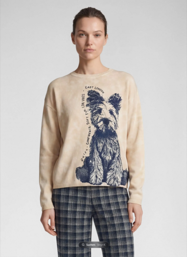 Pull beige motif chien marine Rabe