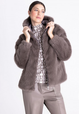 Veste fausse fourrure oversize avec capuche taupe Tuzzy