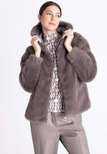 Veste fausse fourrure avec capuche taupe Tuzzy